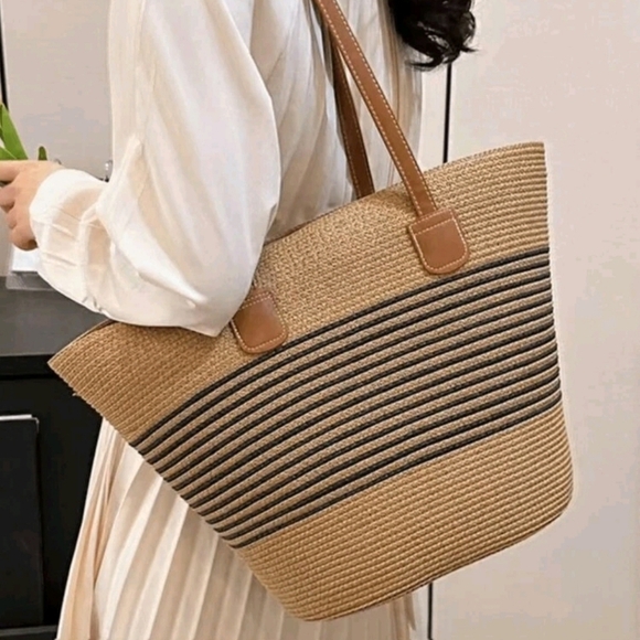 Handbags - New Striped Straw Woven Tote Bag Purse For Vacations Summer Beach For W…